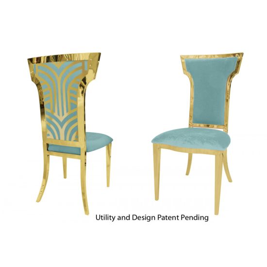 Gold Rockefeller chair with high backrest, decorative rear panel with motif, and Tiffany Blue padded seat. Luxury chair rental for weddings and exclusive events.