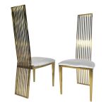 Tall gold metal event chair with vertical slat high back and White cushioned seat, modern luxury seating ideal for weddings and upscale receptions.