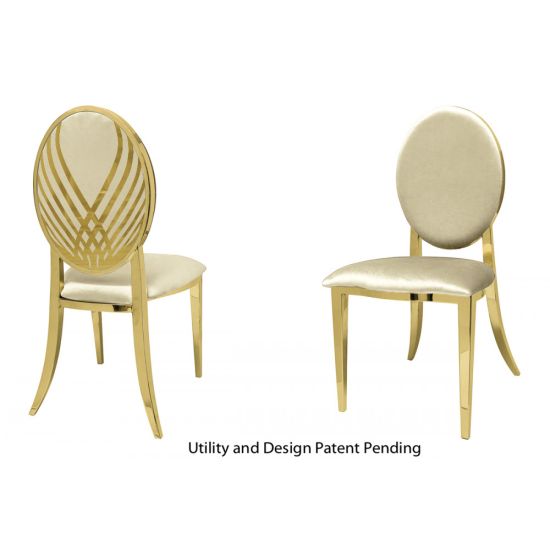 Gold oval-back event chair with Ivory cushion seat, featuring a geometric gold lattice back design for luxury wedding or gala seating.
