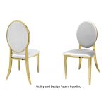 Gold oval-back event chair with polished metal frame and White upholstered seat, modern luxury seating ideal for weddings and upscale receptions.