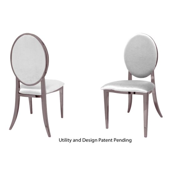 Rose Gold oval-back event chair with polished metal frame and White upholstered seat, modern luxury seating ideal for weddings and upscale receptions.
