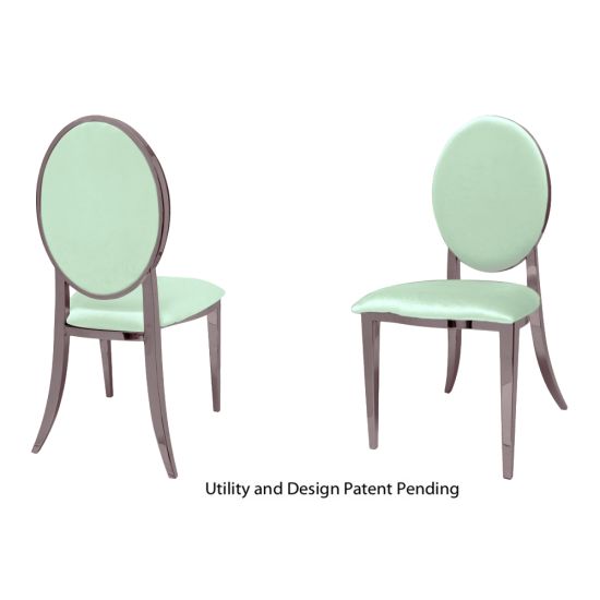 Rose Gold oval-back event chair with polished metal frame and Mint upholstered seat, modern luxury seating ideal for weddings and upscale receptions.