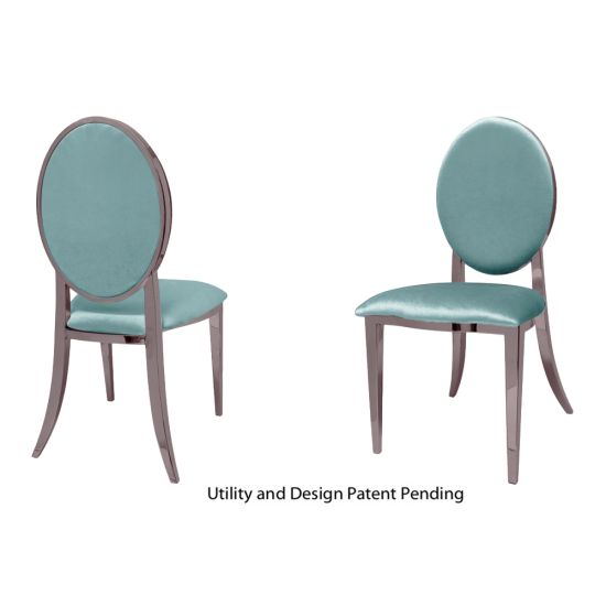Rose Gold oval-back event chair with polished metal frame and Tiffany Blue upholstered seat, modern luxury seating ideal for weddings and upscale receptions.