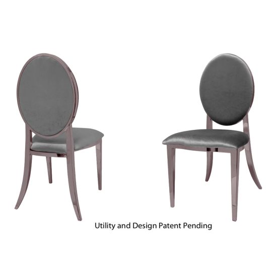 Rose Gold oval-back event chair with polished metal frame and Silver upholstered seat, modern luxury seating ideal for weddings and upscale receptions.