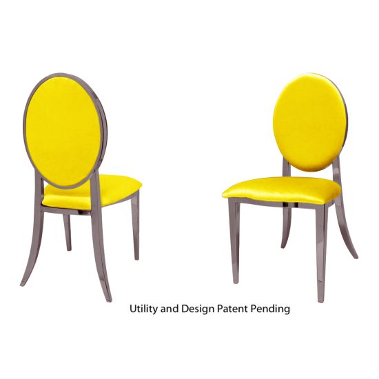 Rose Gold oval-back event chair with polished metal frame and Yellow upholstered seat, modern luxury seating ideal for weddings and upscale receptions.