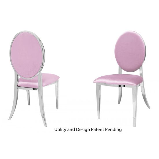 Silver oval-back event chair with polished metal frame and Light Pink upholstered seat, modern luxury seating ideal for weddings and upscale receptions.