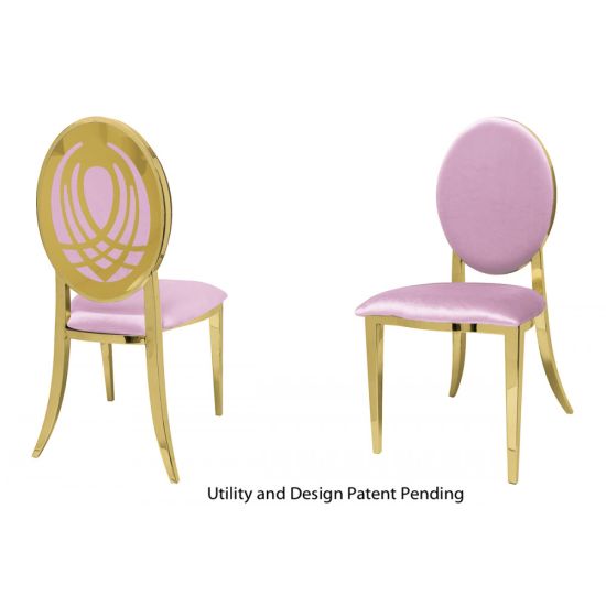 Gold oval-back event chair with Light Pink  cushion seat and decorative layered oval cut-out back design, perfect for luxury wedding or gala seating.