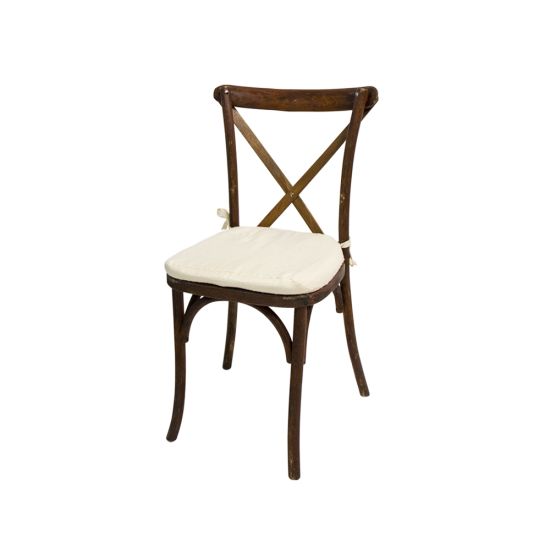 “Dark mahogany wood cross-back chair with ivory cushion, X-shaped backrest and rustic-elegant event guest seating”.