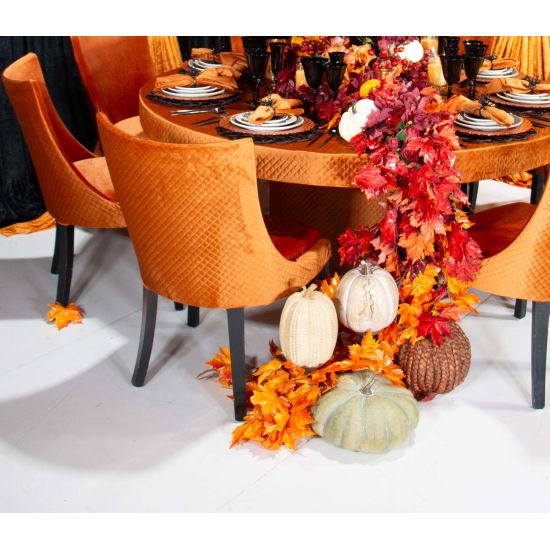 Isabella dining chair with Orange upholstered seat and curved high back, natural wood legs, modern seating for weddings, parties, and events.
