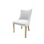 Isabella dining chair with white upholstered seat and curved high back, natural wood legs, modern seating for weddings, parties, and events.
