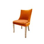 Isabella dining chair with Orange upholstered seat and curved high back, natural wood legs, modern seating for weddings, parties, and events.