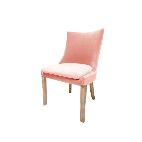 Isabella dining chair with Light Pink upholstered seat and curved high back, natural wood legs, modern seating for weddings, parties, and events.
