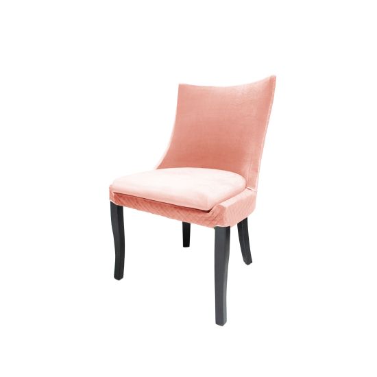 Isabella dining chair with Light Pink upholstered seat and curved high back, black wood legs, sleek modern seating for weddings and events.