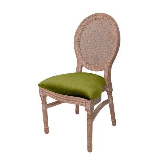 Natural-wood Louis cane back chair with Moss cushioned seat, rattan oval backrest and elegant event dining seating