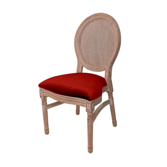 Natural-wood Louis cane back chair with Red cushioned seat, rattan oval backrest and elegant event dining seating
