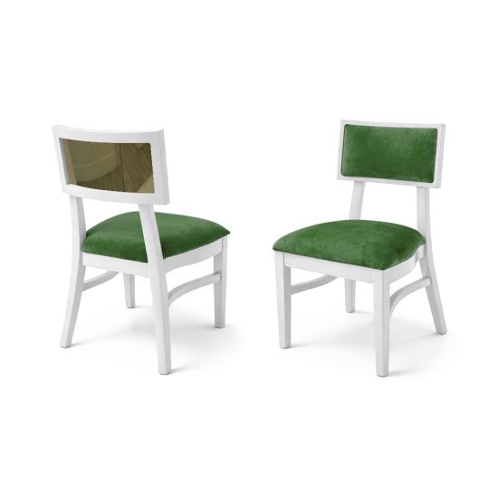 Milano white chair with gold mirrored backrest panel and solid white wood frame for elegant luxury event seating