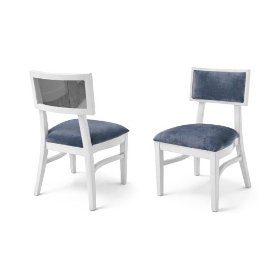 Milano white chair with silver mirrored backrest panel and solid white wood frame for modern luxury event seating