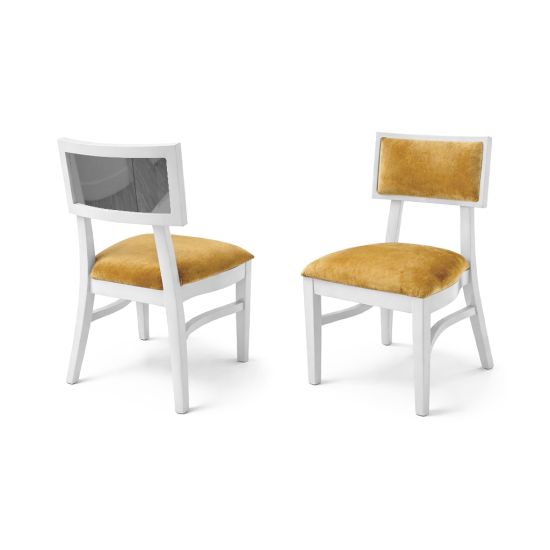 Milano white chair with silver mirrored backrest panel and solid white wood frame for modern luxury event seating