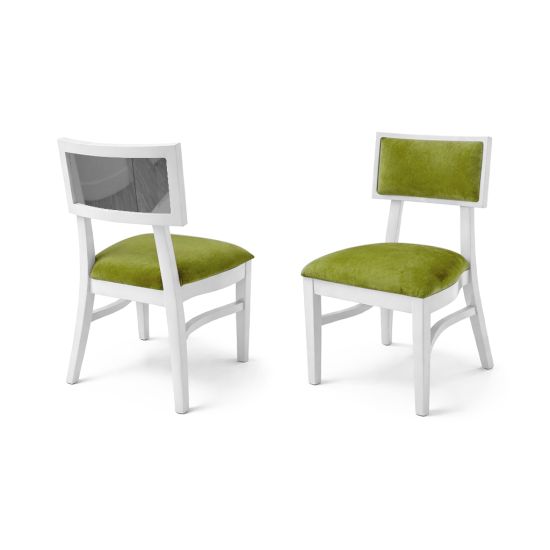 Milano white chair with silver mirrored backrest panel and solid white wood frame for modern luxury event seating