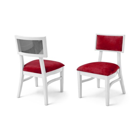 Milano white chair with silver mirrored backrest panel and solid white wood frame for modern luxury event seating