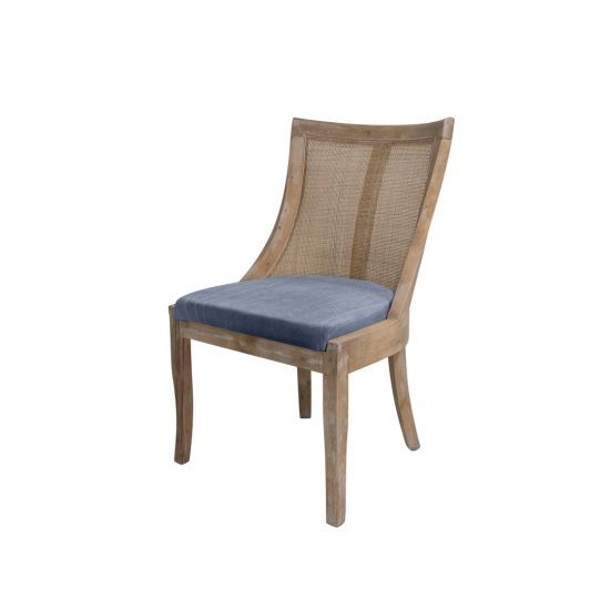 Monaco event chair in natural wood with Dusty Blue velvet cushion.