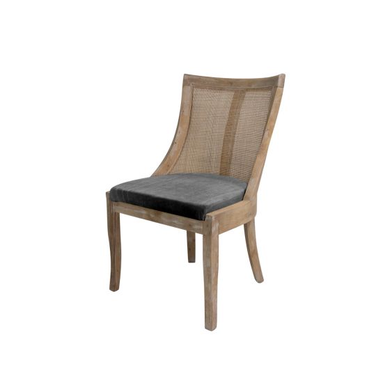 Monaco event chair in natural wood with Silver velvet cushion.