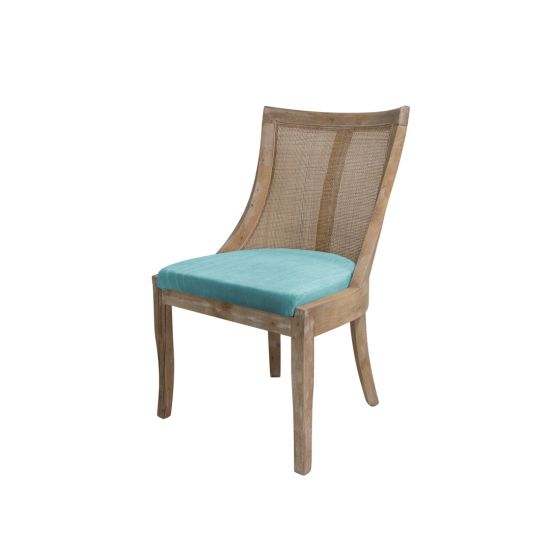 Monaco event chair in natural wood with Tiffany Blue velvet cushion.