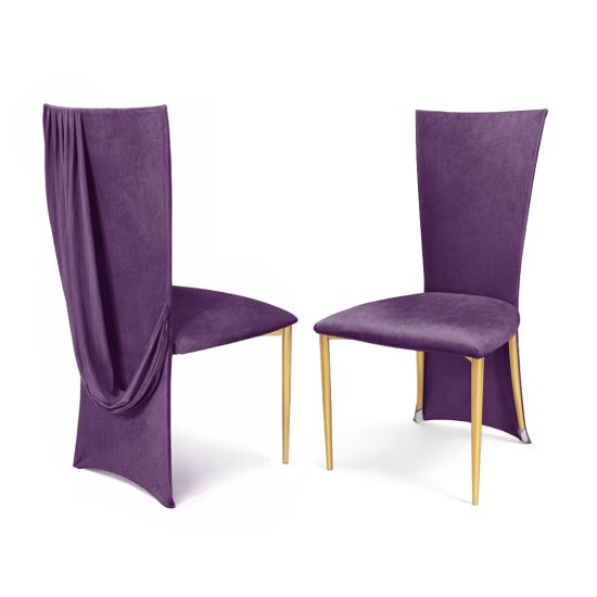 Sway Right chair with slim metal legs, upholstered seat and backrest, featuring elegant draped fabric detail for event seating