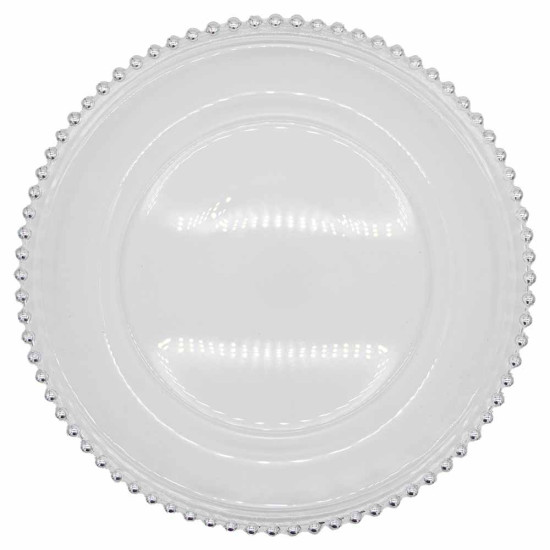 Clear glass beaded charger plate with silver beaded rim and smooth center, timeless charger for formal weddings and event décor