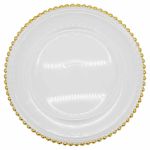 Clear glass beaded charger plate with gold beaded rim and glossy finish, elegant charger for formal weddings and upscale event tables