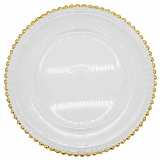 Clear glass beaded charger plate with gold beaded rim and glossy finish, elegant charger for formal weddings and upscale event tables