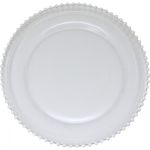 Pearl glass beaded charger plate with soft opaque finish and raised beaded edge, refined charger for weddings and formal table décor