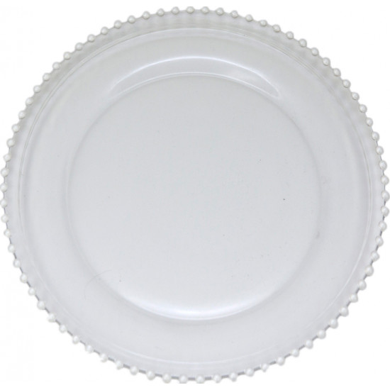 Pearl glass beaded charger plate with soft opaque finish and raised beaded edge, refined charger for weddings and formal table décor