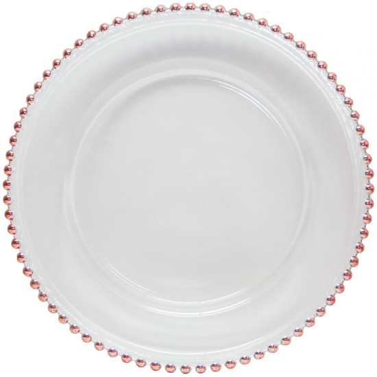 Clear glass beaded charger plate with rose gold beaded rim, romantic metallic charger for weddings and elegant event tables