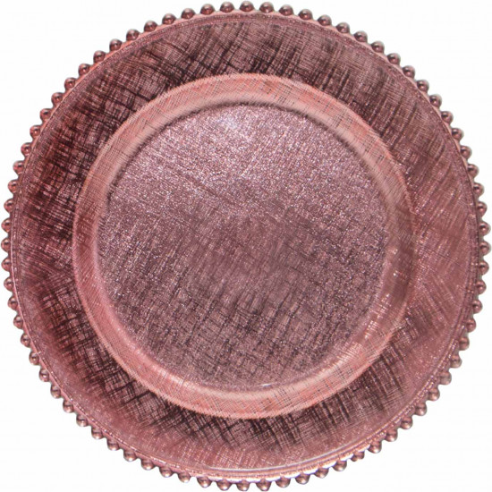 Rose gold glass plus beaded charger plate with textured glass finish and beaded rim, elegant charger for romantic event styling