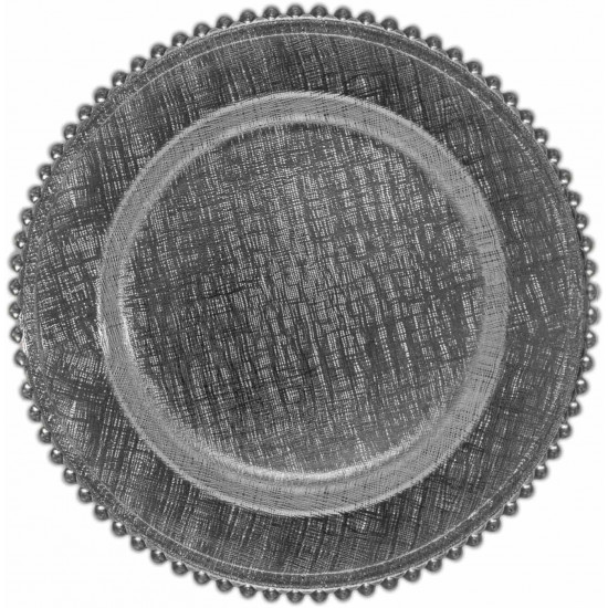 Silver glass plus beaded charger plate with textured glass surface and raised beaded rim, sleek charger for modern formal events