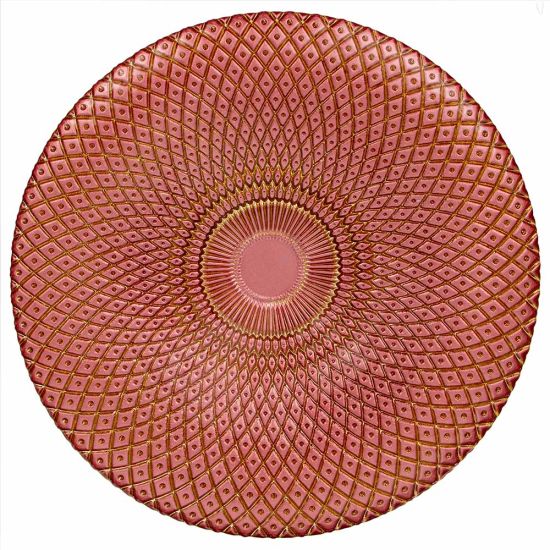 Pink harlequin charger plate with detailed radial geometric texture and glossy glass finish, romantic charger for wedding table settings
