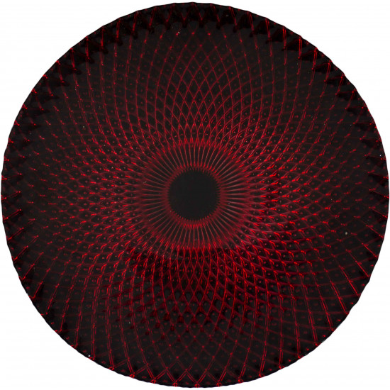 Black and red harlequin charger plate with bold geometric radial pattern and glossy finish, dramatic charger for weddings and gala décor