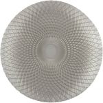 Clear harlequin charger plate with intricate radial geometric texture and transparent glass finish, modern charger for formal events