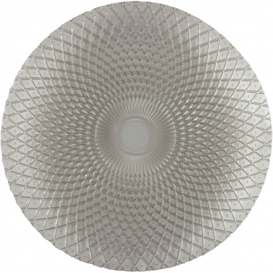 Clear harlequin charger plate with intricate radial geometric texture and transparent glass finish, modern charger for formal events
