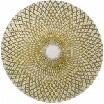Clear harlequin charger plate with gold geometric radial pattern and textured glass finish, elegant charger for upscale event tables