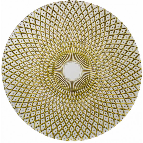 Clear harlequin charger plate with gold geometric radial pattern and textured glass finish, elegant charger for upscale event tables