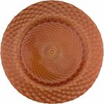 Orange luxe charger plate with raised honeycomb texture and glossy glass finish, bright decorative charger for festive event table settings