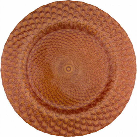 Orange luxe charger plate with raised honeycomb texture and glossy glass finish, bright decorative charger for festive event table settings