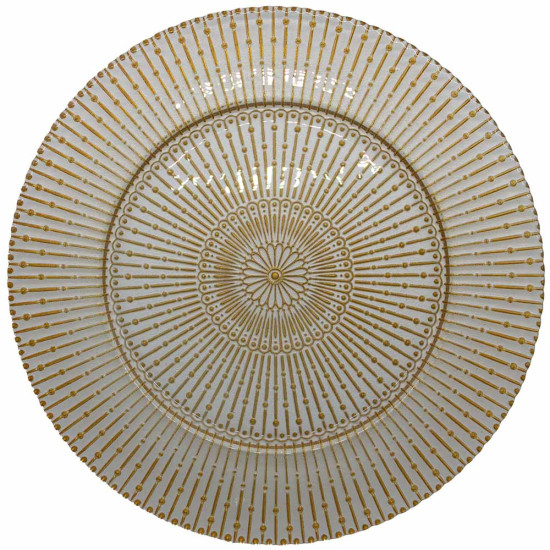 Clear raindrop charger plate with fine ribbed texture and gold radial detailing, stylish glass charger for weddings and gala tables