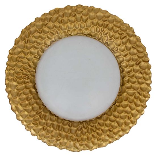 Gold vega charger plate with textured rim and light center, elegant metallic-look charger for weddings and formal event table décor