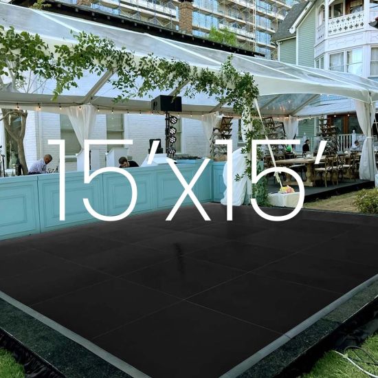 Black vinyl snap-lock dance floor on patio with 15x15 size overlay text, modular 3x3 panels for parties, weddings, and event dancing.