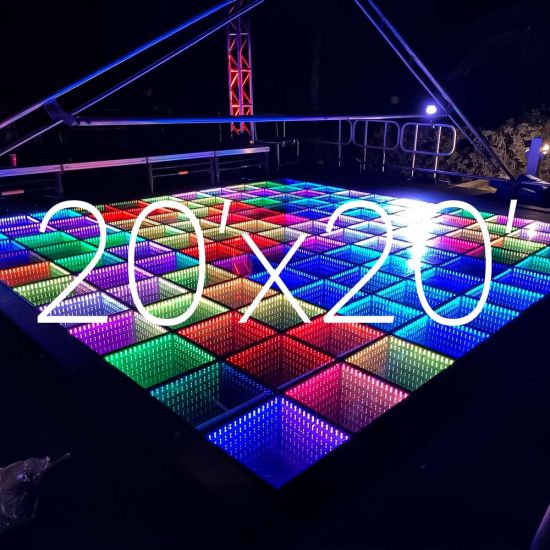 Mirror LED glass dance floor with bright multicolor illuminated grid, 20x20 size overlay text, 2x2 panels for events up to 130 guests.