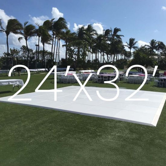 White outdoor dance floor on grass with 24x32 size overlay text, modular 4x4 panels for large parties and events up to 240 guests.