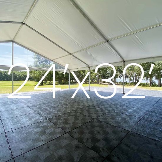 Black Duratrack subfloor under tent with 24x32 size overlay text, modular 4x4 panels for large outdoor event flooring base.